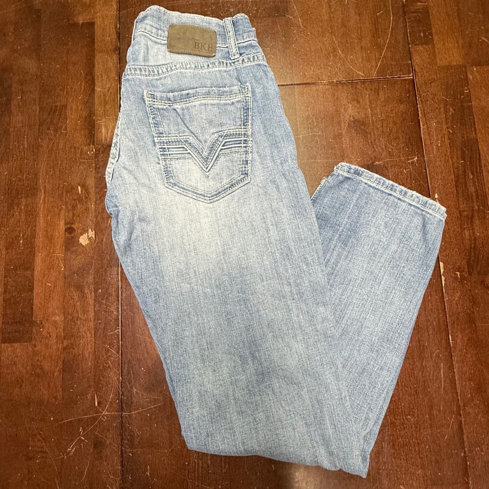 BKE Carter Straight Leg Jeans Mens 32R Light Blue ABP2791 Stretch Distress Denim